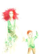 la vieille femme vêtue de vert et son enfant